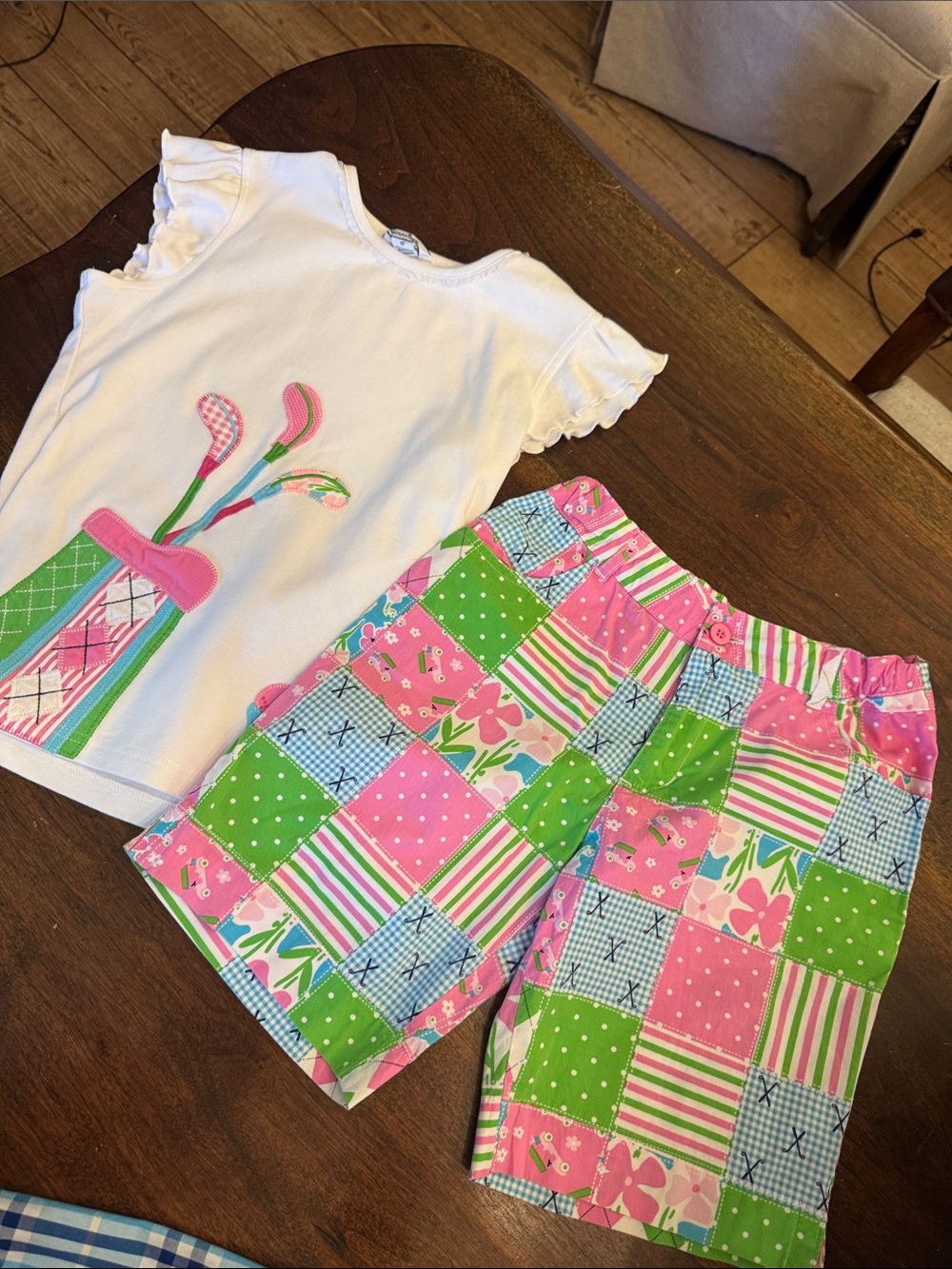 Girls' White Top and Pink-Green Patchwork Set